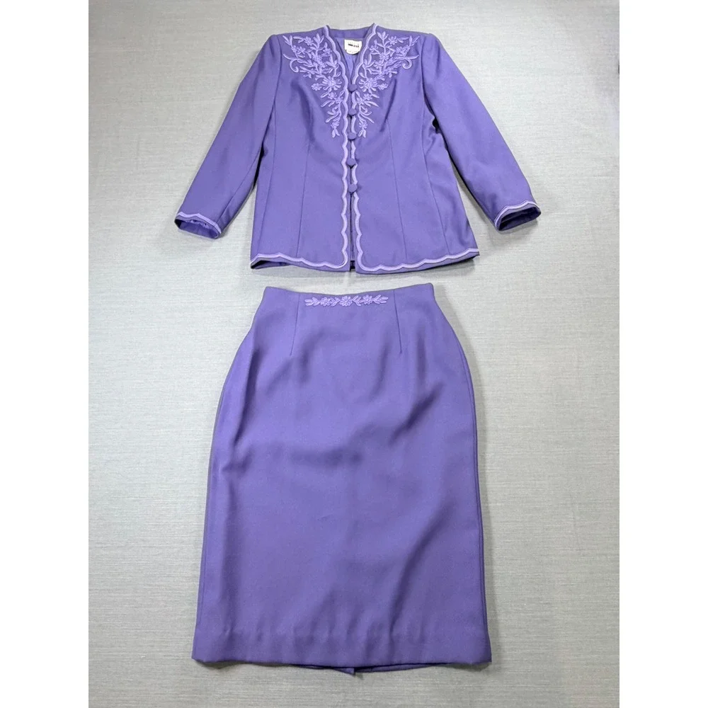 VTG Leslie Fay Petite Purple Skirt Suit Floral Embroidered 2 Piece Set 8P